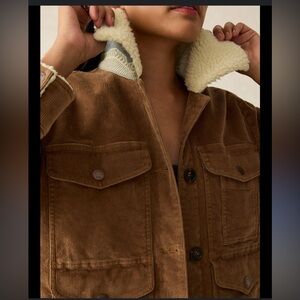 Faherty Tan Corduroy Jacket with Cream Sherpa Collar and Cuffs